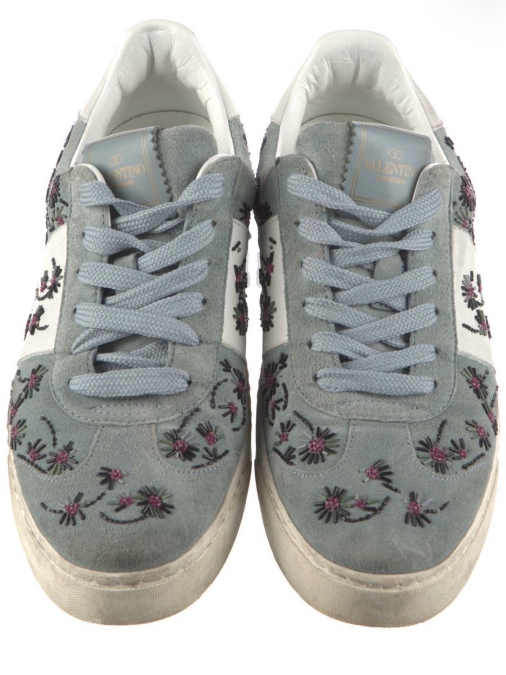 Valentino Garavani Light Blue Suede Sneakers with Pink Floral Embroidery